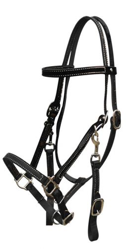 Black Harness Leather Western Trail Halter Bridle Combination